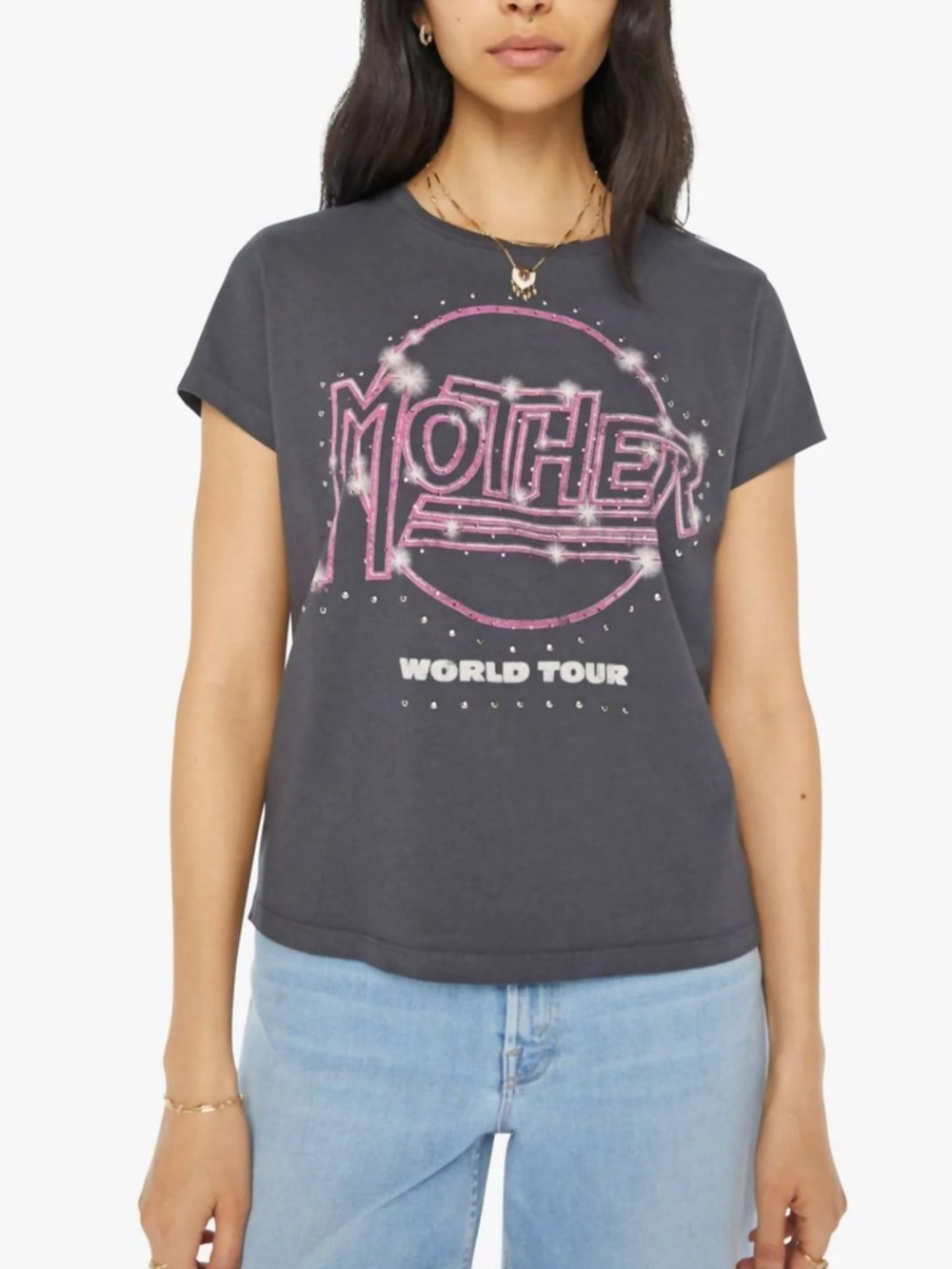 Mother The Boxy Goodie Goodie Graphic World Tour Tee in Gray & Pink Size L